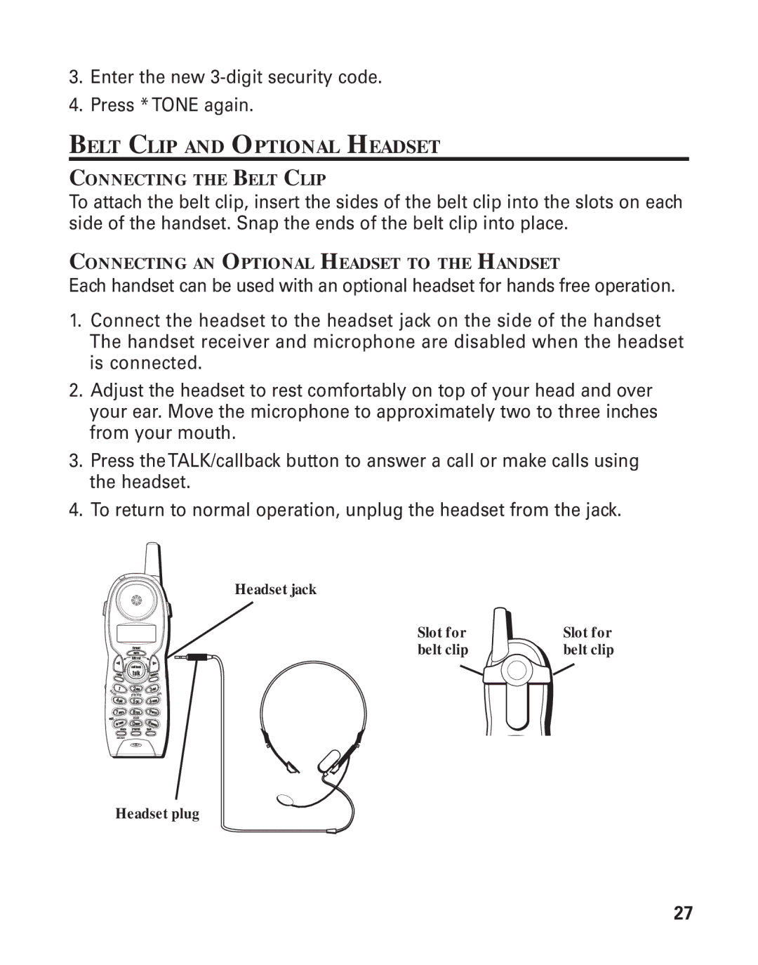 GE 25893 manual Belt Clip and Optional Headset 