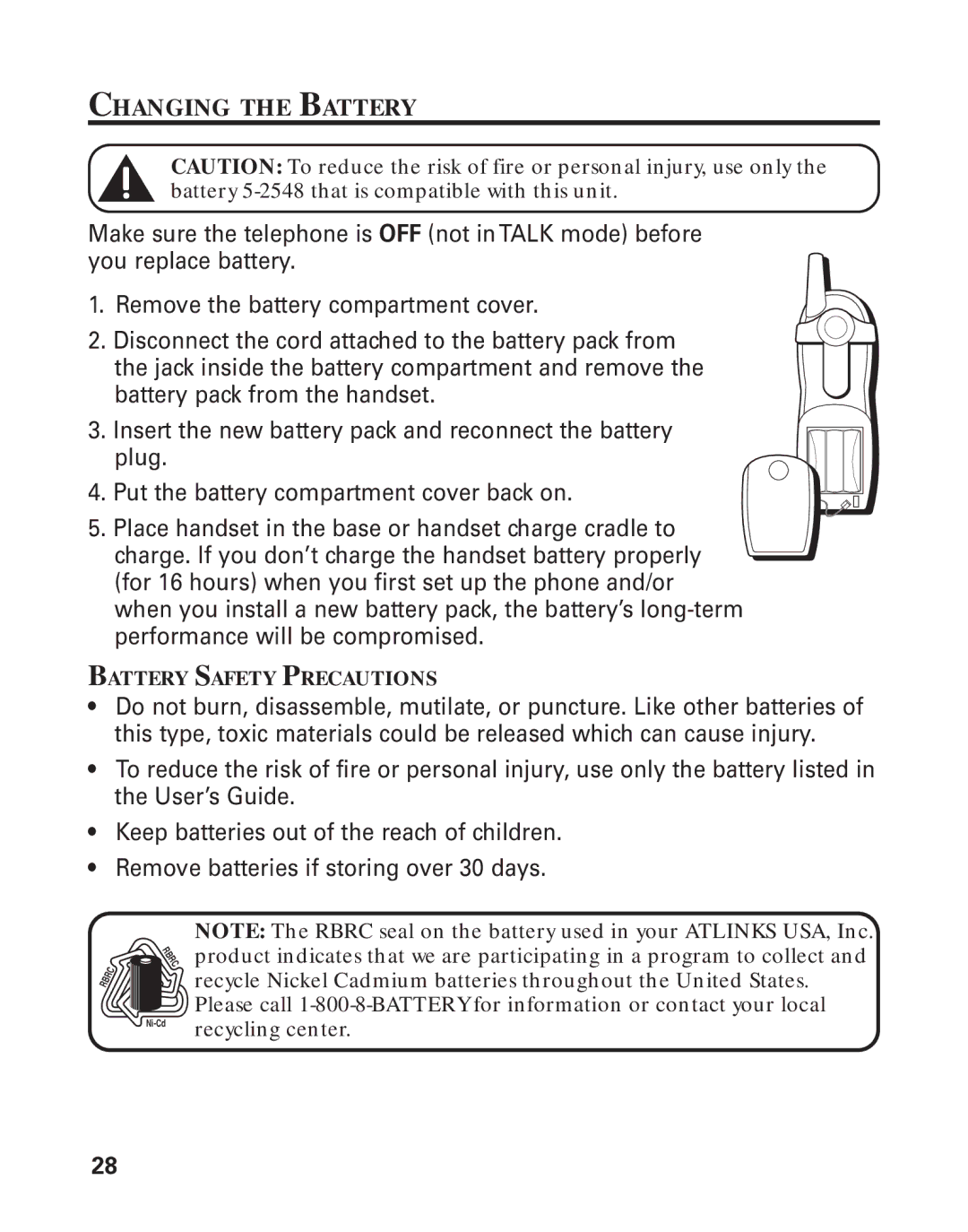 GE 25893 manual Changing the Battery 