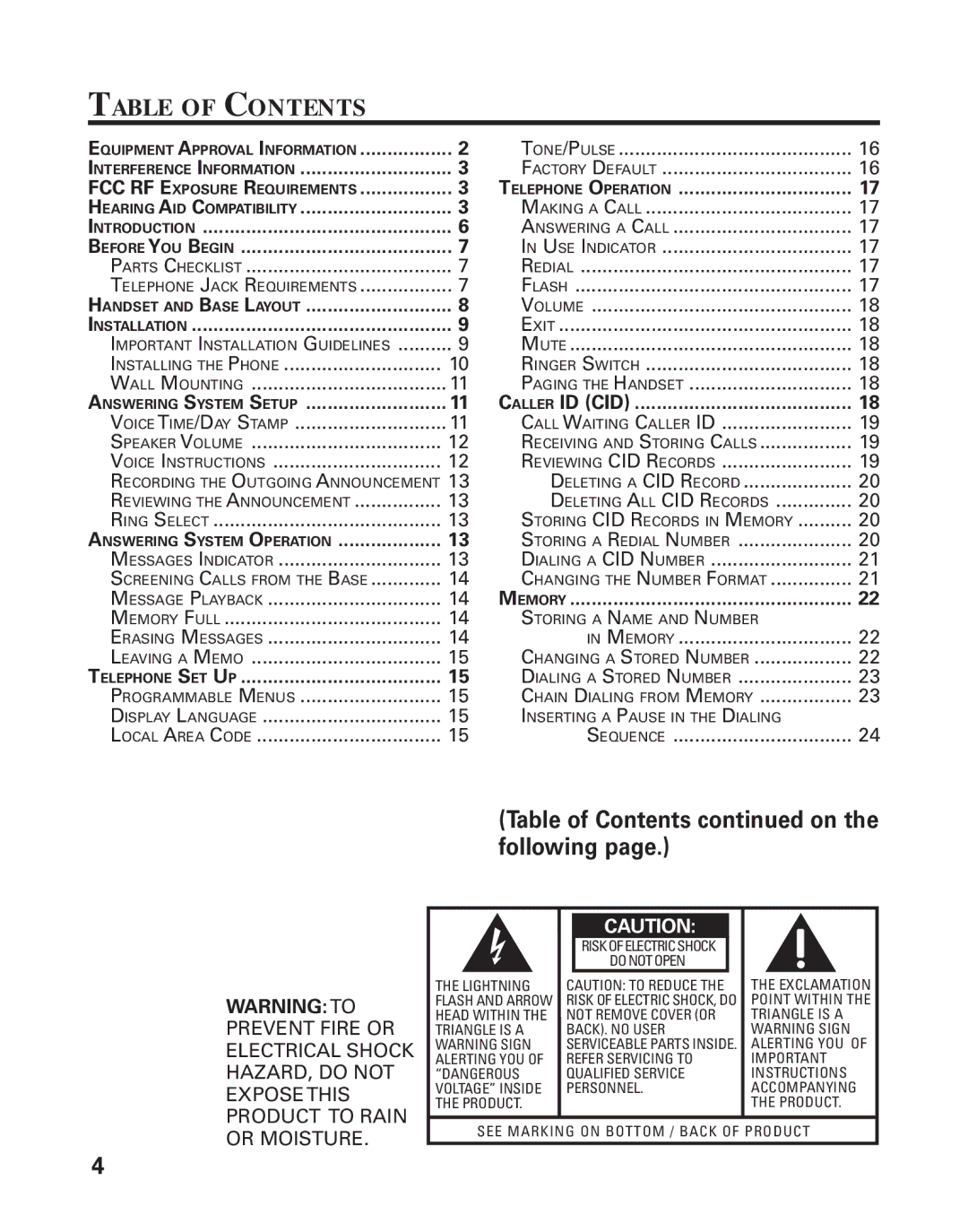 GE 25893 manual Table of Contents on the following 