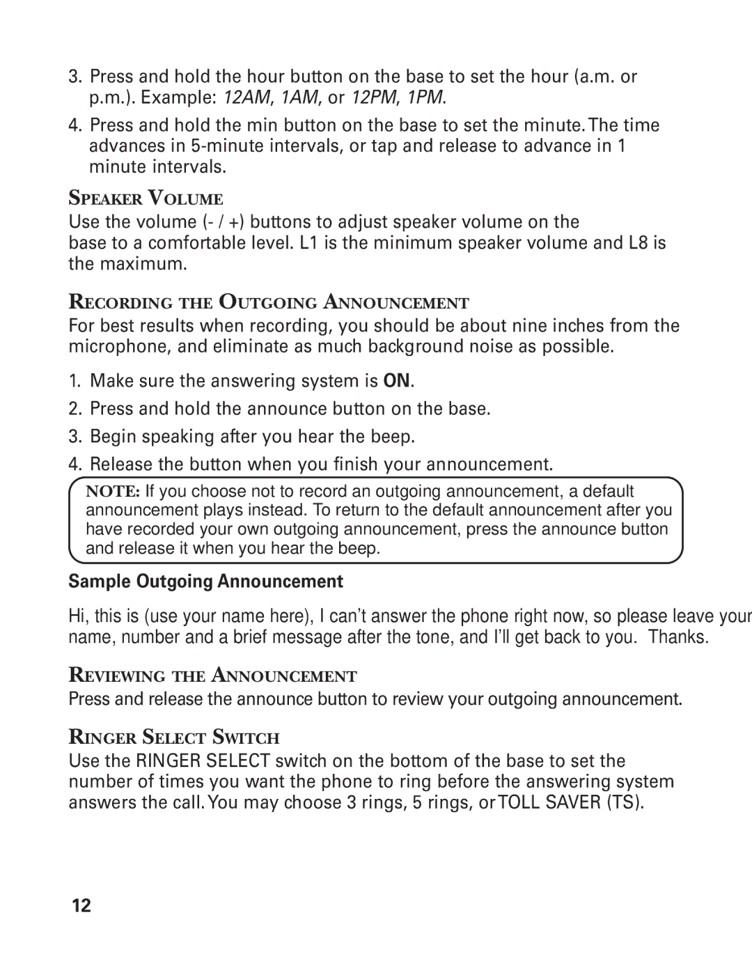 GE 25898A, 55898580 manual Sample Outgoing Announcement 