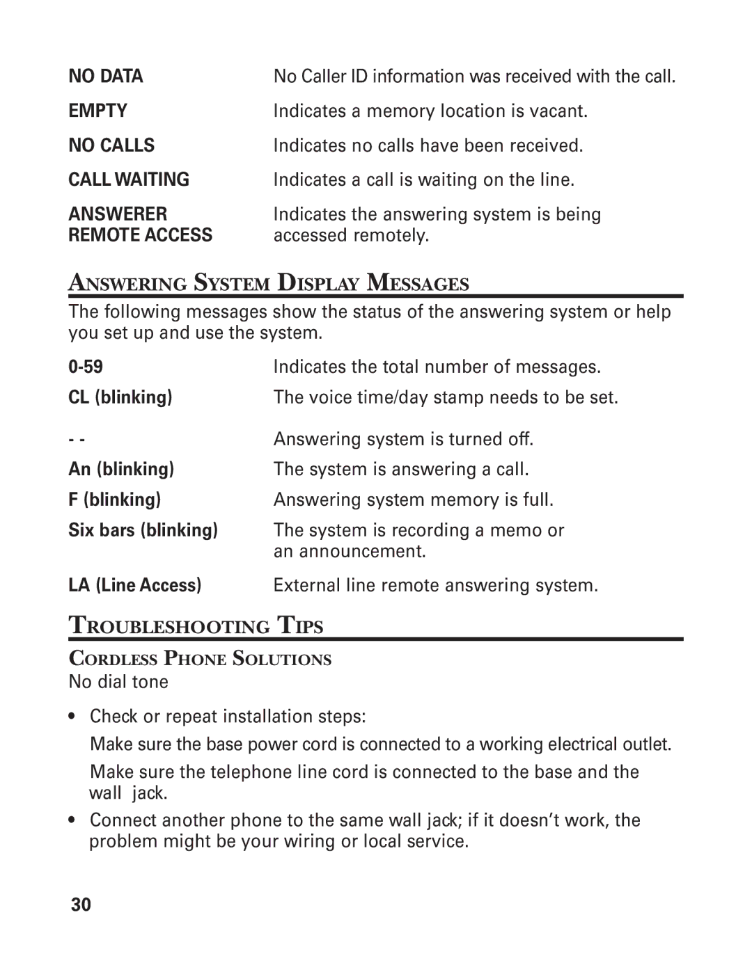 GE 25898A, 55898580 manual Answering System Display Messages, Troubleshooting Tips 