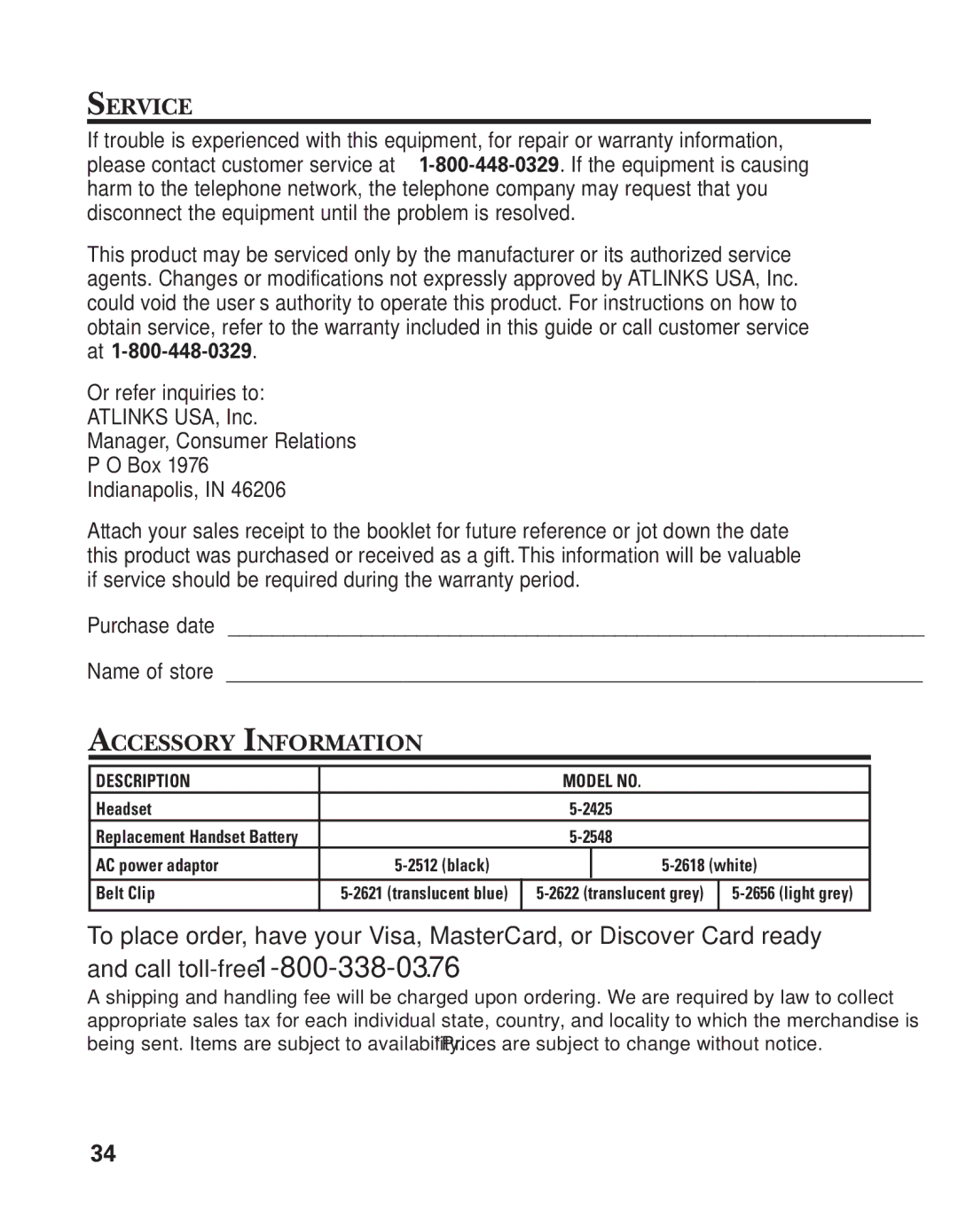 GE 25898A, 55898580 manual Service, Accessory Information 