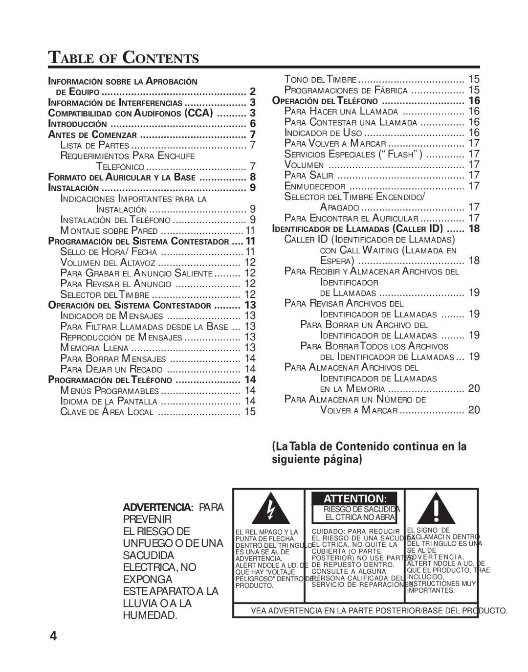 GE 25898A, 55898580 manual LaTabla de Contenido continua en la siguiente página 