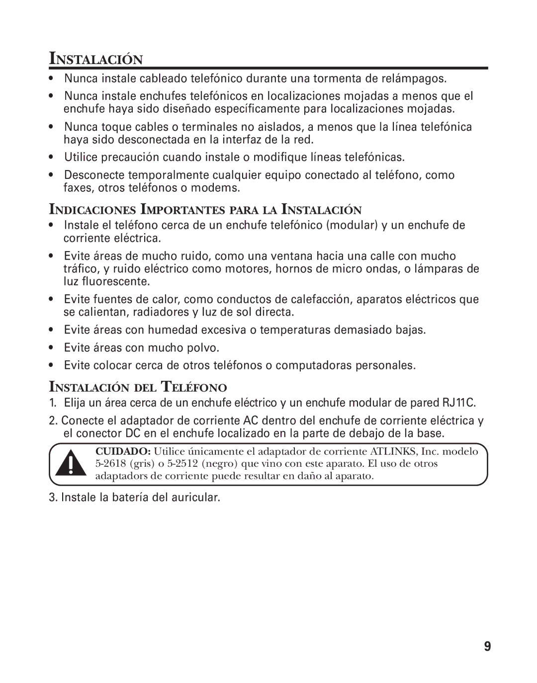 GE 55898580, 25898A manual Instalación, Instale la batería del auricular 