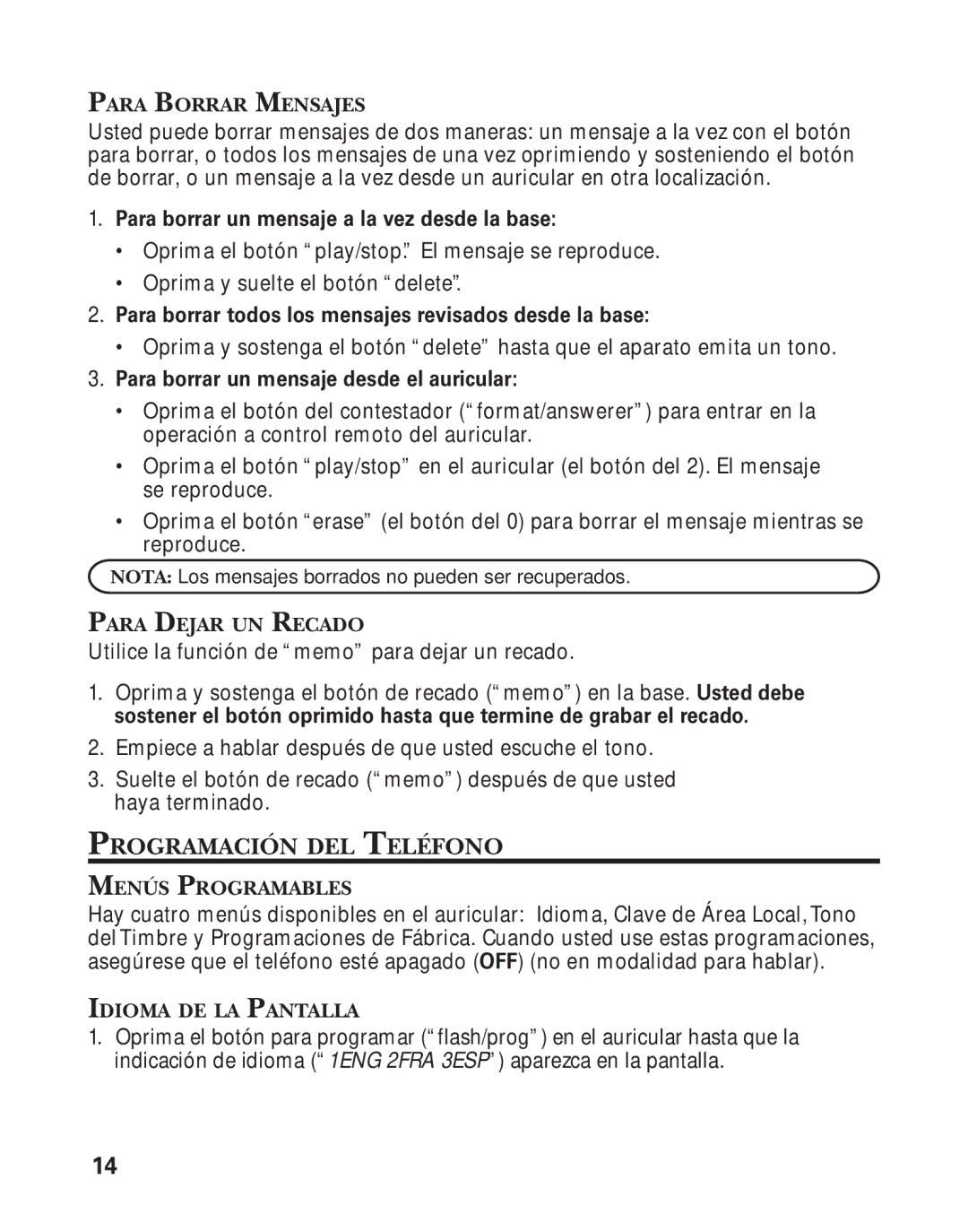 GE 25898A, 55898580 manual Programación DEL Teléfono, Para Borrar Mensajes 