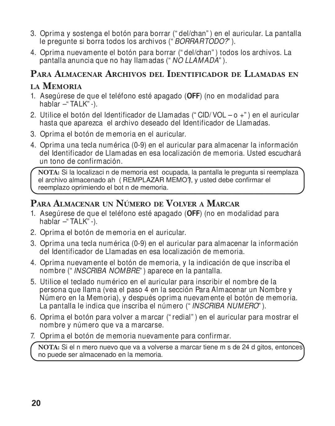 GE 25898A, 55898580 manual Para Almacenar UN Número DE Volver a Marcar 