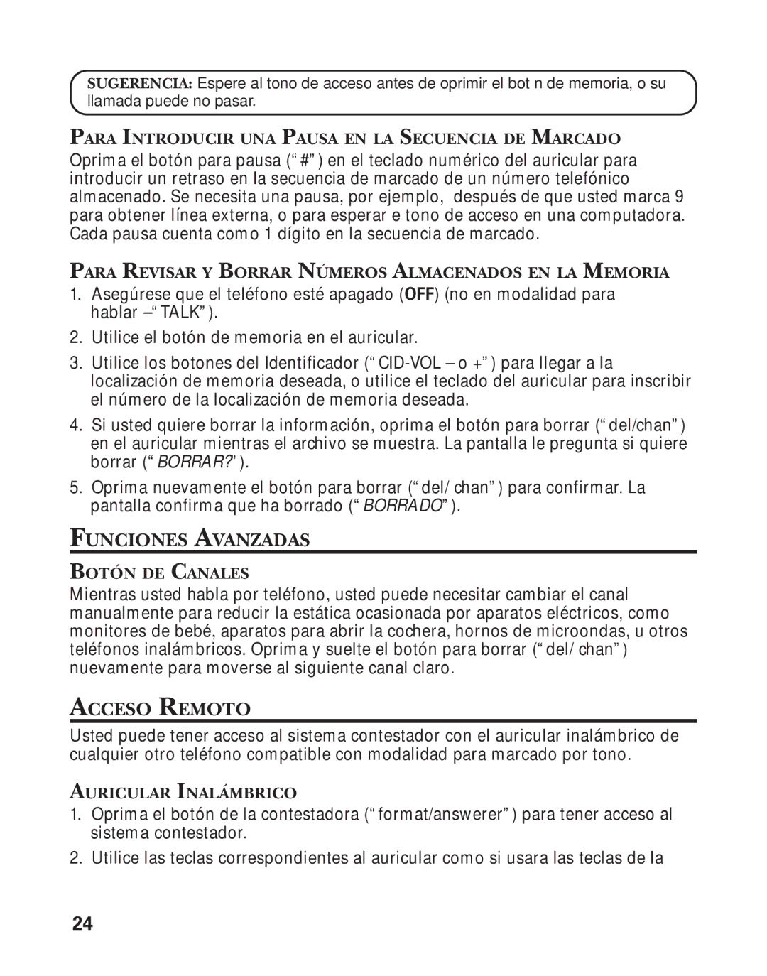 GE 55898580, 25898A manual Funciones Avanzadas, Acceso Remoto 