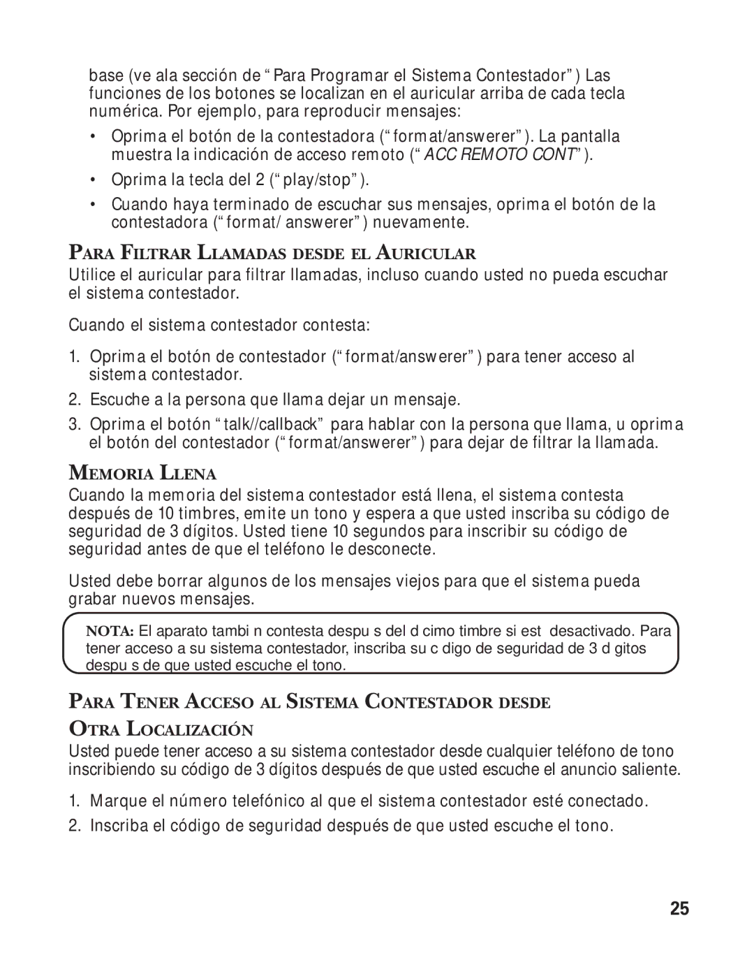 GE 25898A, 55898580 manual Para Filtrar Llamadas Desde EL Auricular 