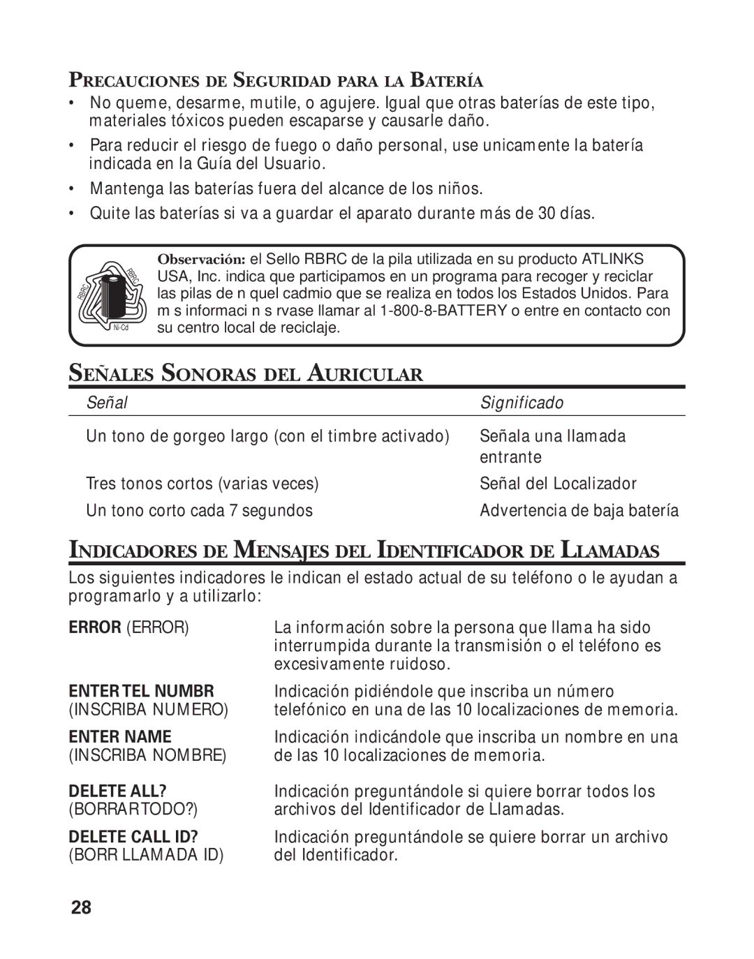 GE 25898A, 55898580 manual Señales Sonoras DEL Auricular, Indicadores DE Mensajes DEL Identificador DE Llamadas 