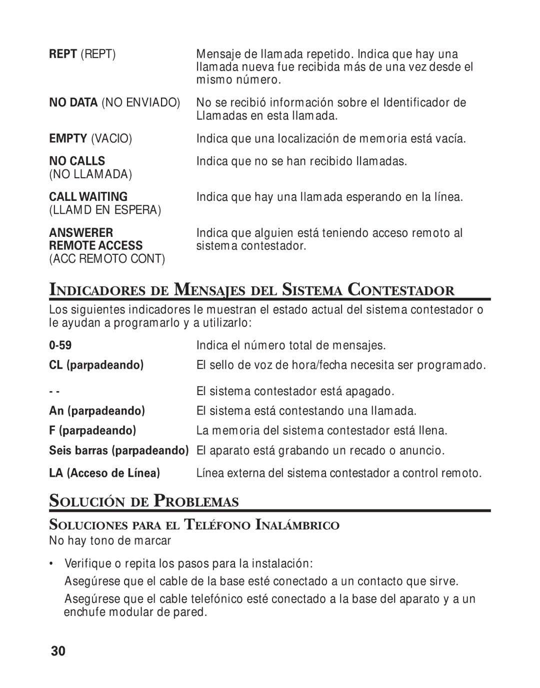 GE 55898580, 25898A manual Indicadores DE Mensajes DEL Sistema Contestador, Solución DE Problemas 