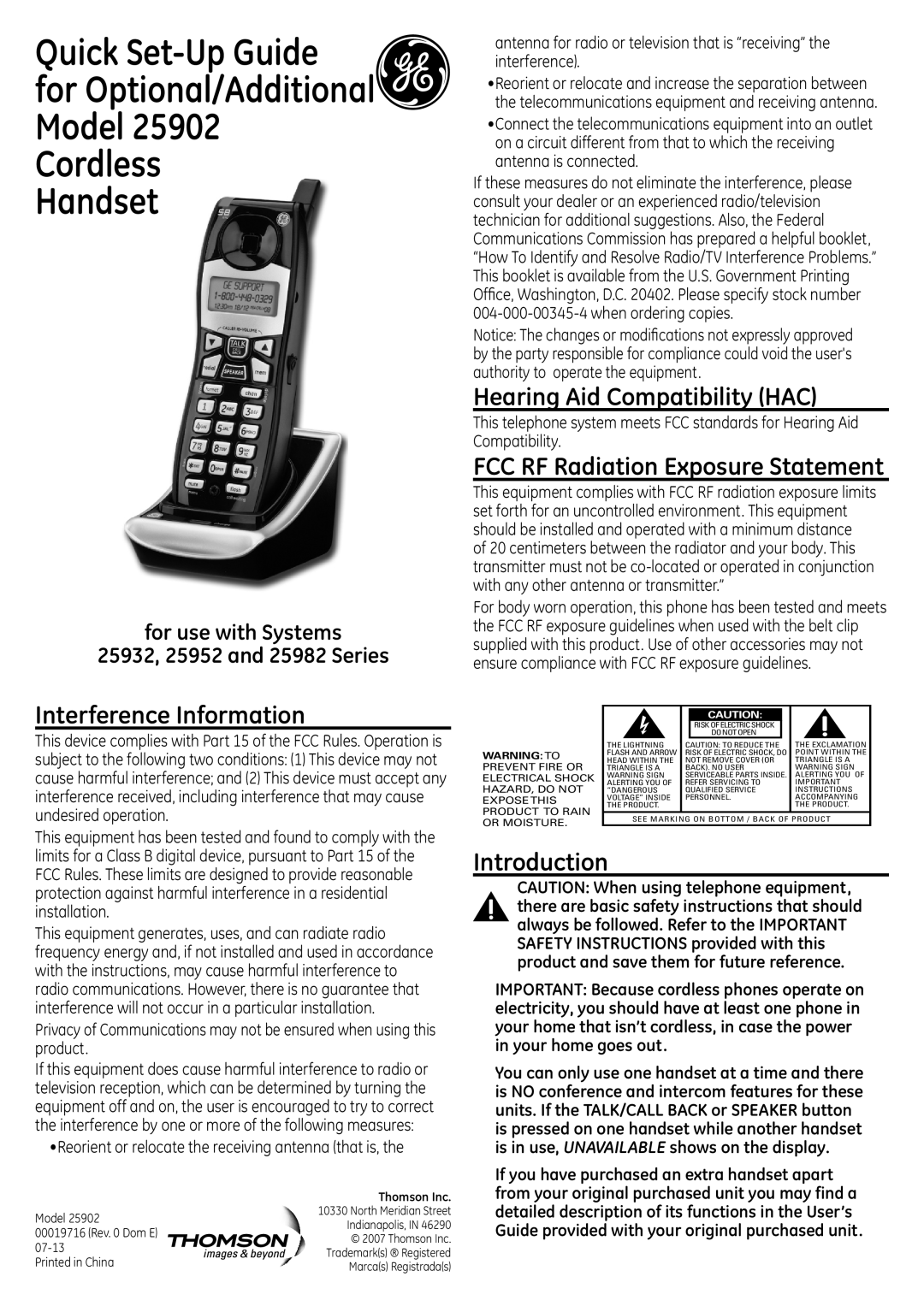 GE 00019716, 25902 setup guide Interference Information, Hearing Aid Compatibility HAC, Introduction 