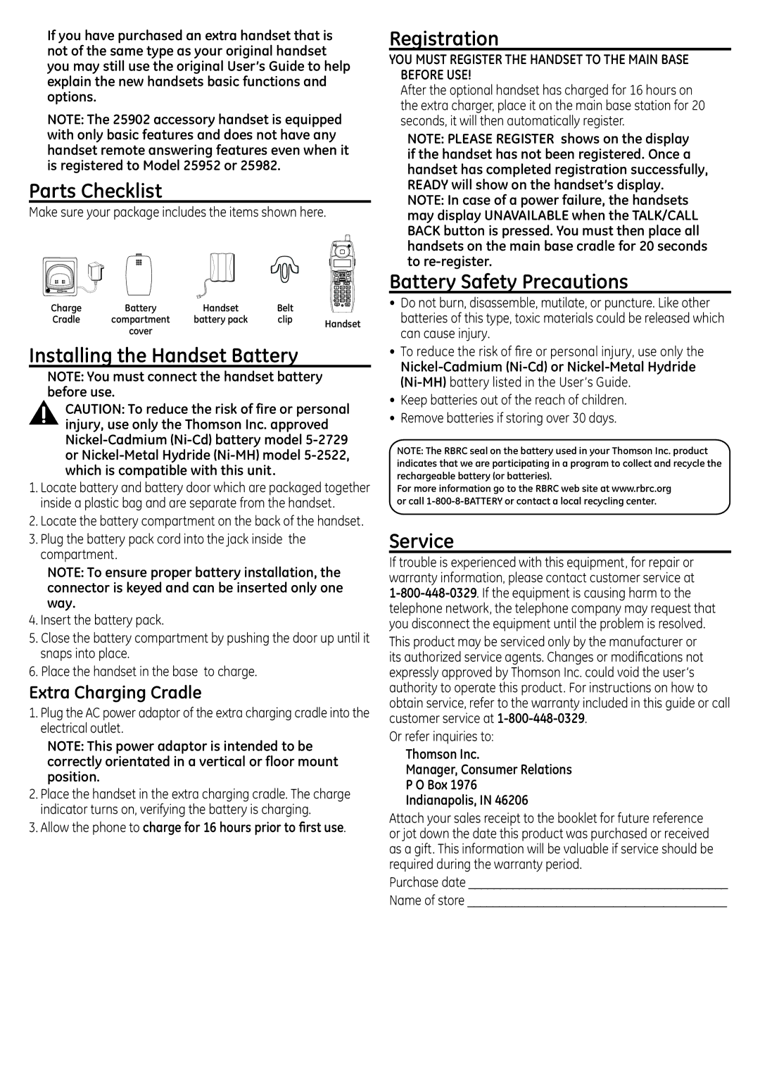 GE 25902, 00019716 Parts Checklist, Installing the Handset Battery, Registration, Battery Safety Precautions, Service 