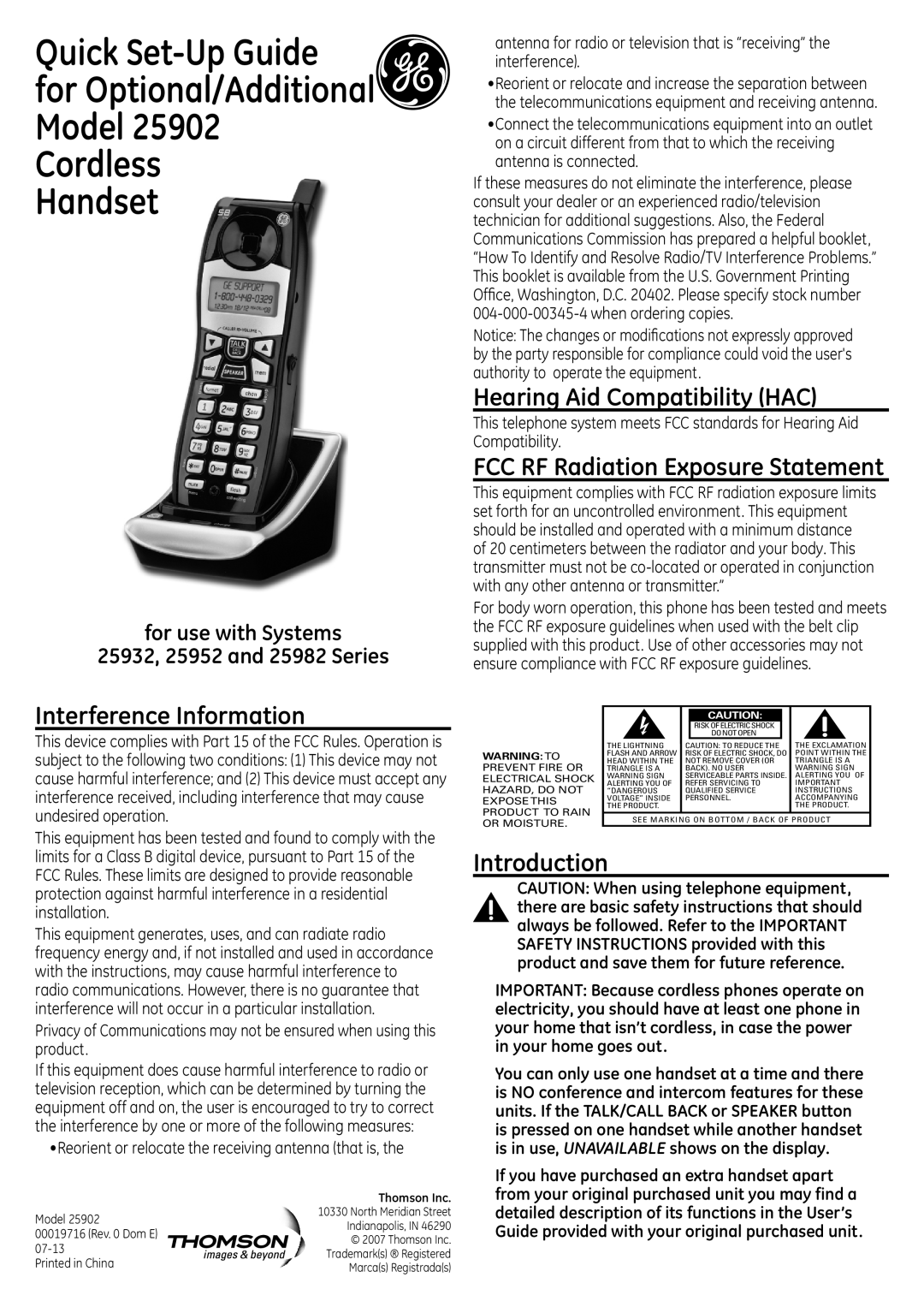 GE 00019716, 25902 setup guide Interference Information, Hearing Aid Compatibility HAC, Introduction, Handset 