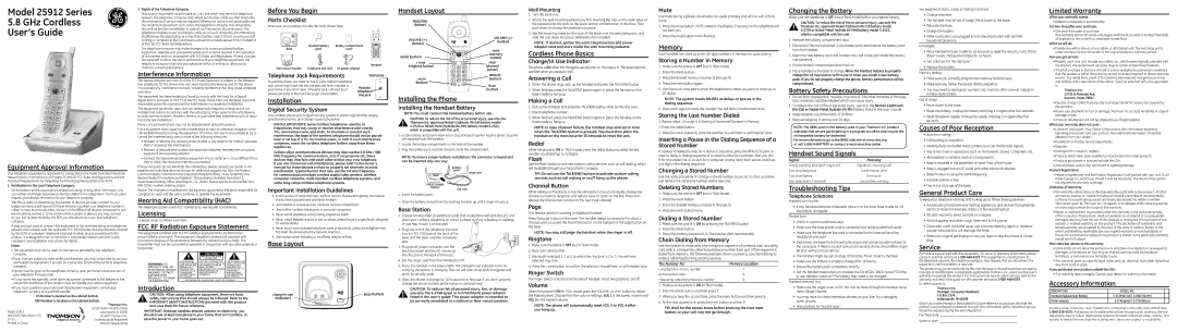 GE 25912 warranty Equipment Approval Information, Interference Information, Hearing Aid Compatibility HAC, Licensing 