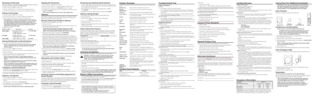 GE 25922 Memory, Changing the Battery, Battery Safety Precautions, Display Messages, Troubleshooting Tips 