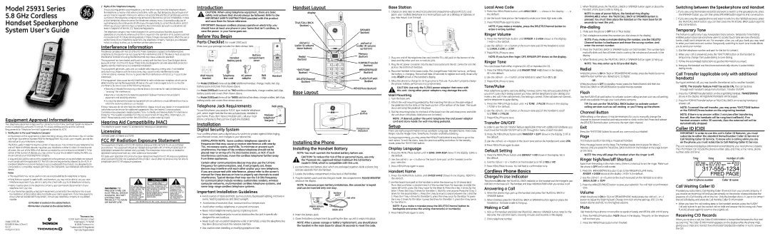 GE 25931 installation instructions Introduction Handset Layout, Interference Information, Before You Begin, Base Layout 