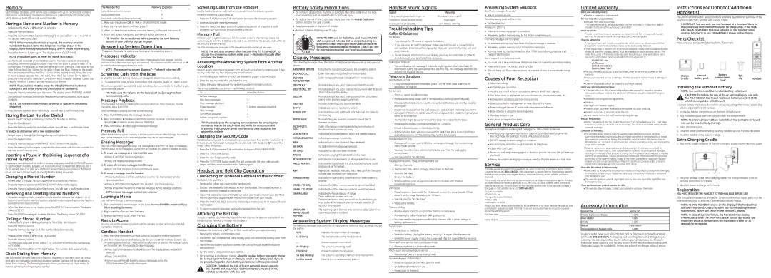 GE 25951 Series Memory, Answering System Operation, Headset and Belt Clip Operation, Changing the Battery, Service 