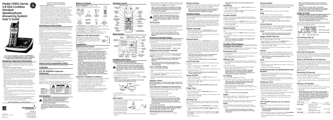 GE 00017254 important safety instructions Before You Begin Handset Layout, Handset Setup, Caller ID CID, Licensing 