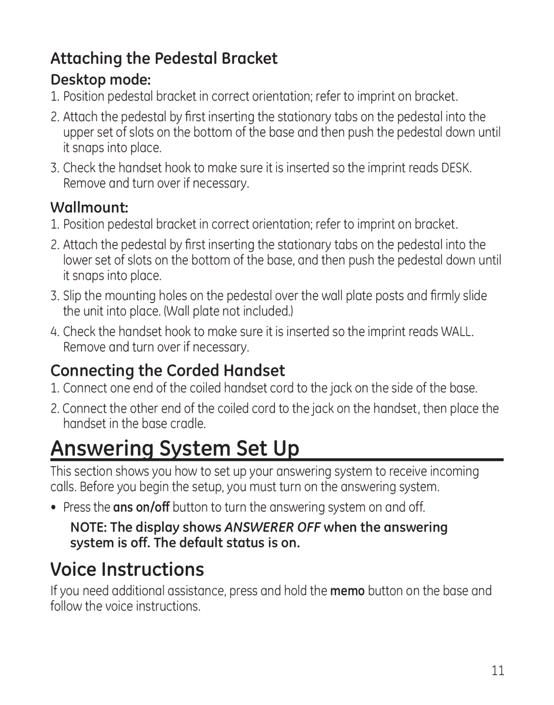 GE 25982 manual Answering System Set Up, Voice Instructions, Attaching the Pedestal Bracket, Connecting the Corded Handset 