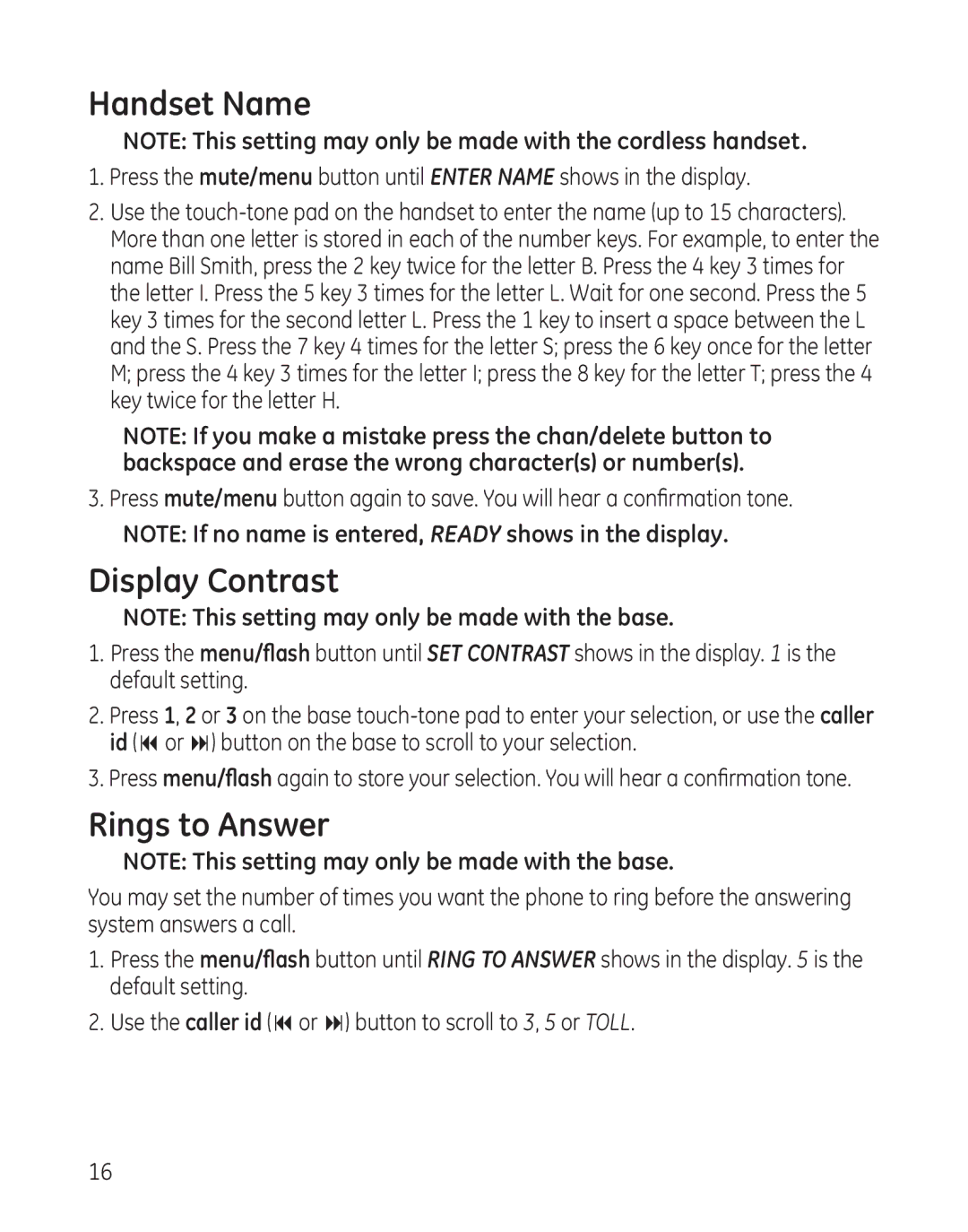 GE 25982 manual Handset Name, Display Contrast, Rings to Answer 