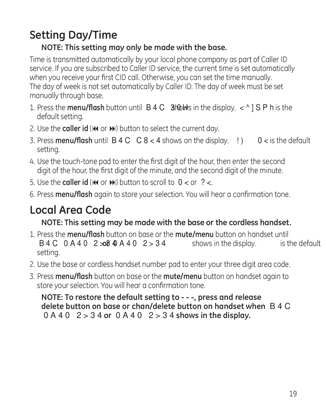 GE 25982 manual Setting Day/Time, Local Area Code 