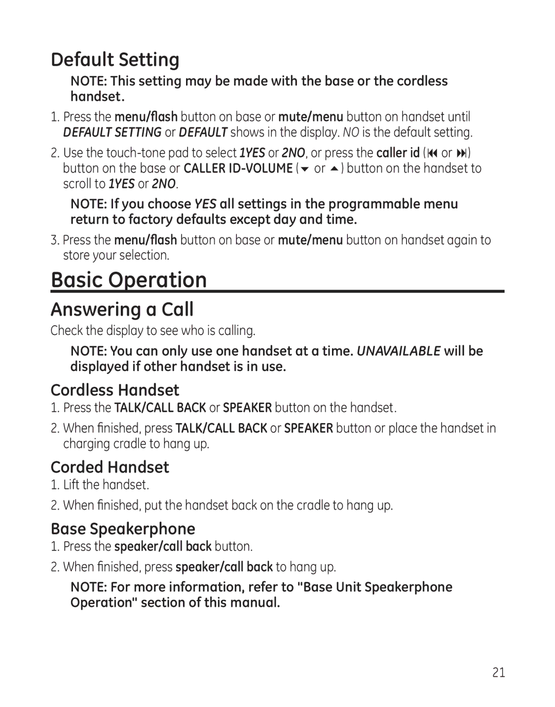 GE 25982 manual Basic Operation, Default Setting, Answering a Call 