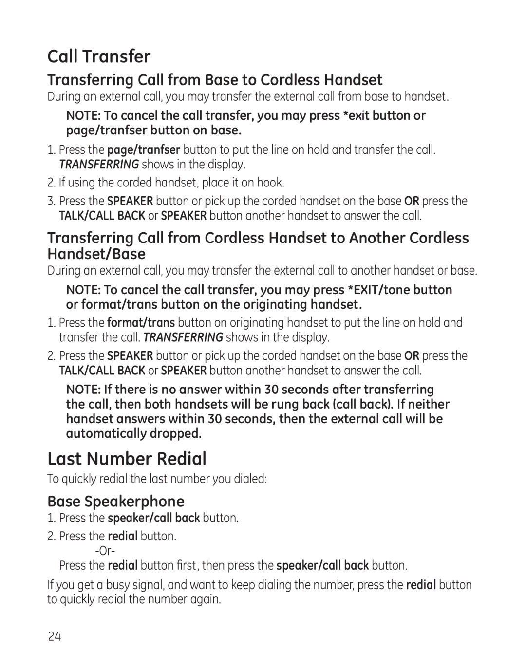 GE 25982 manual Call Transfer, Last Number Redial, Transferring Call from Base to Cordless Handset 