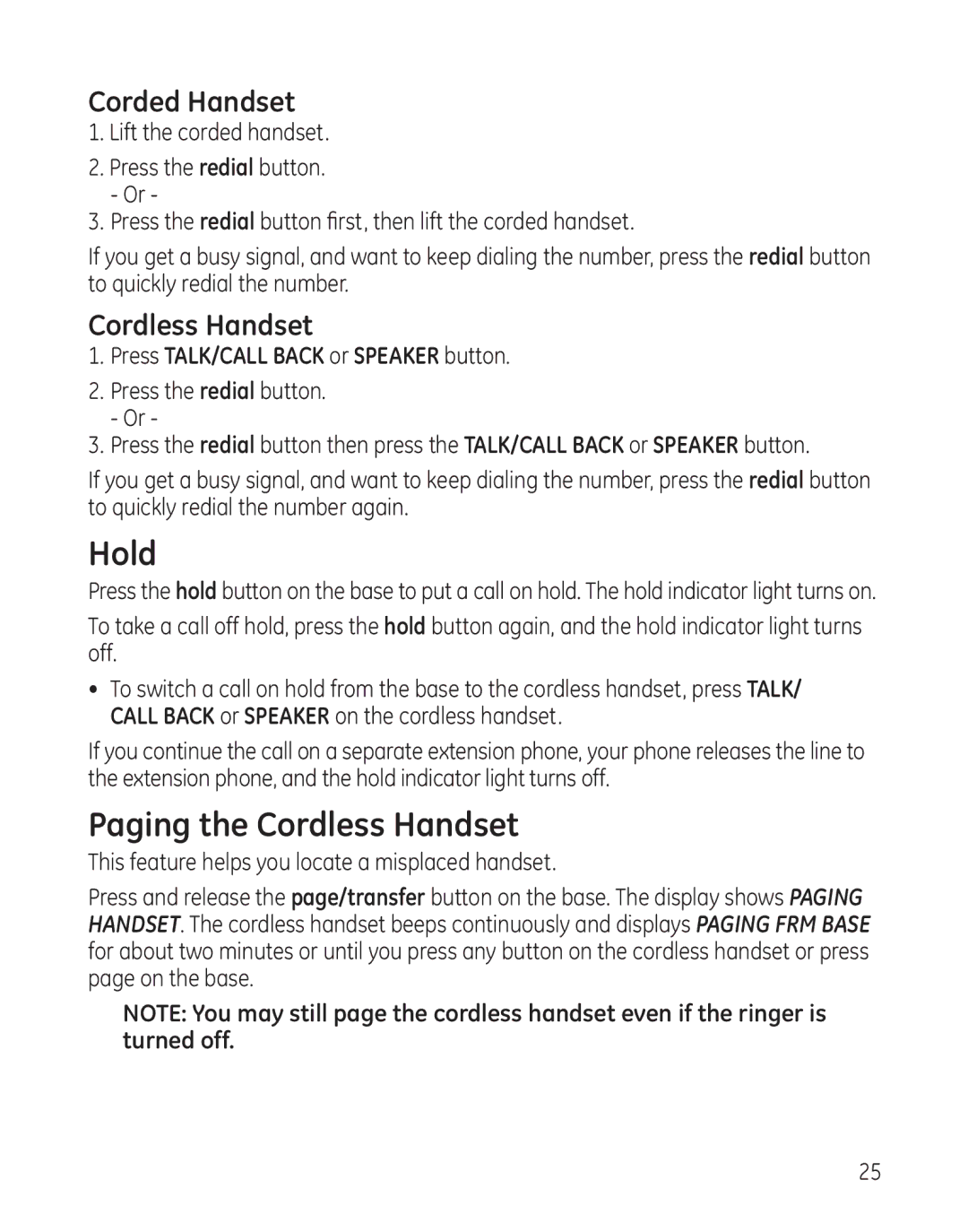 GE 25982 manual Hold, Paging the Cordless Handset 