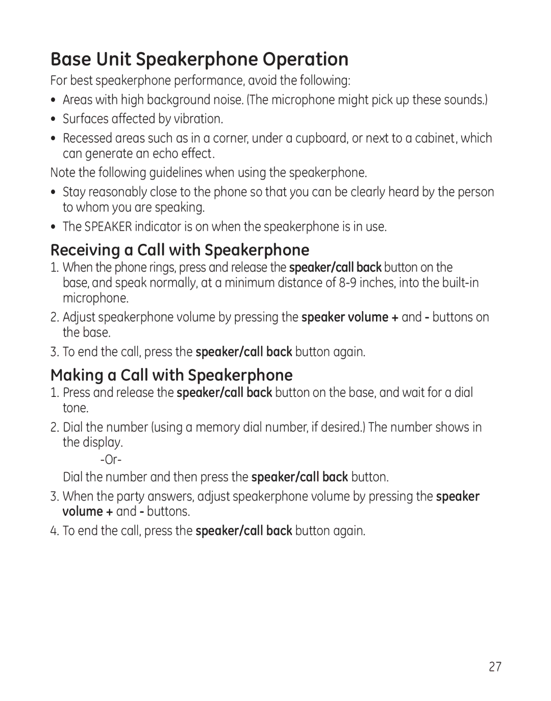 GE 25982 manual Base Unit Speakerphone Operation, Receiving a Call with Speakerphone, Making a Call with Speakerphone 