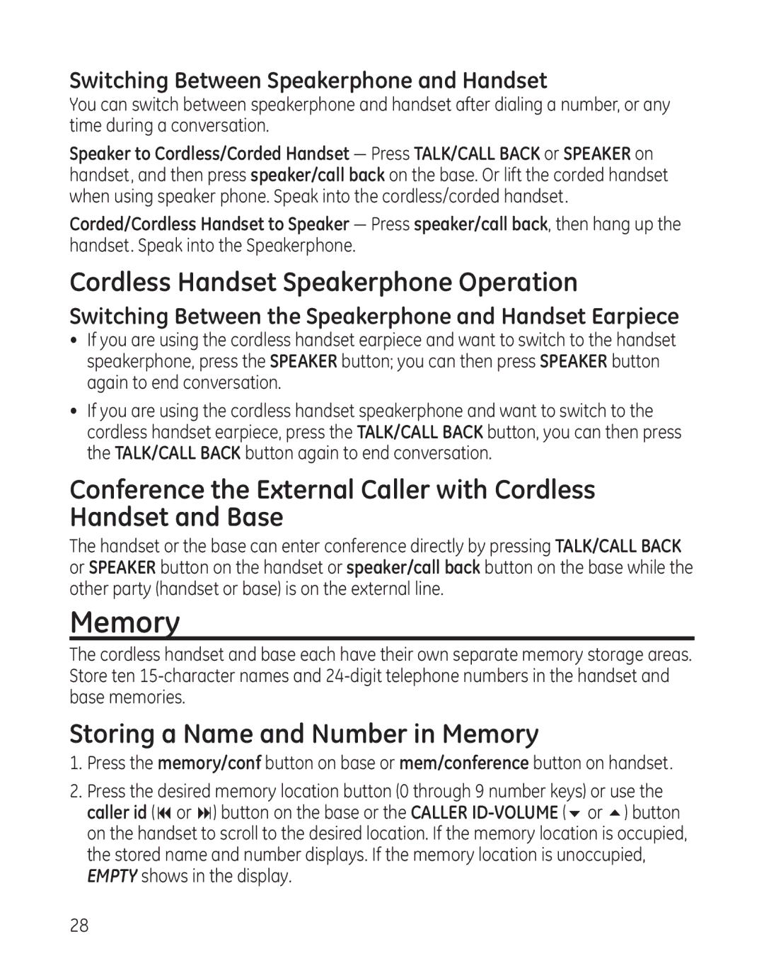 GE 25982 manual Cordless Handset Speakerphone Operation, Storing a Name and Number in Memory 