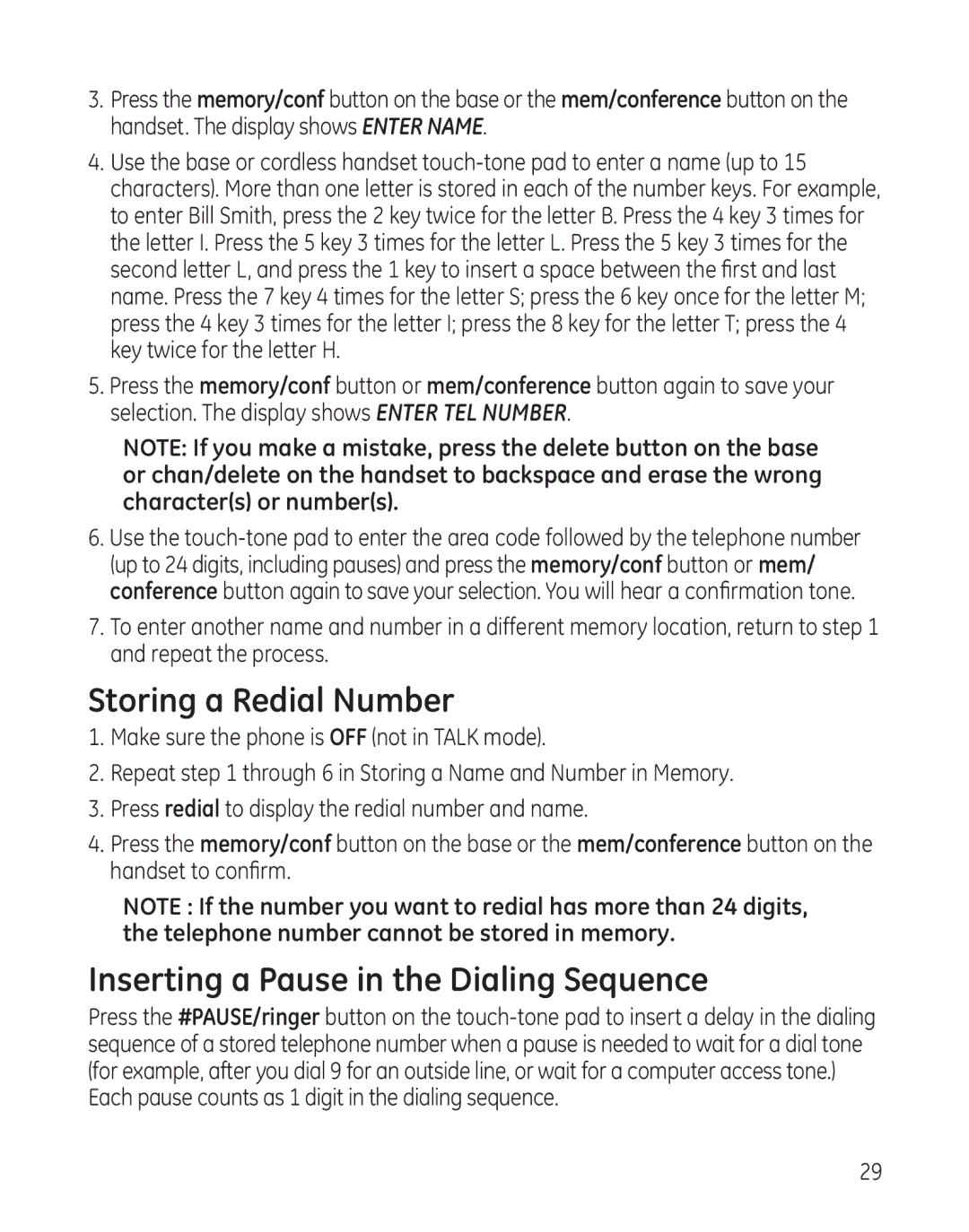 GE 25982 manual Storing a Redial Number, Inserting a Pause in the Dialing Sequence 