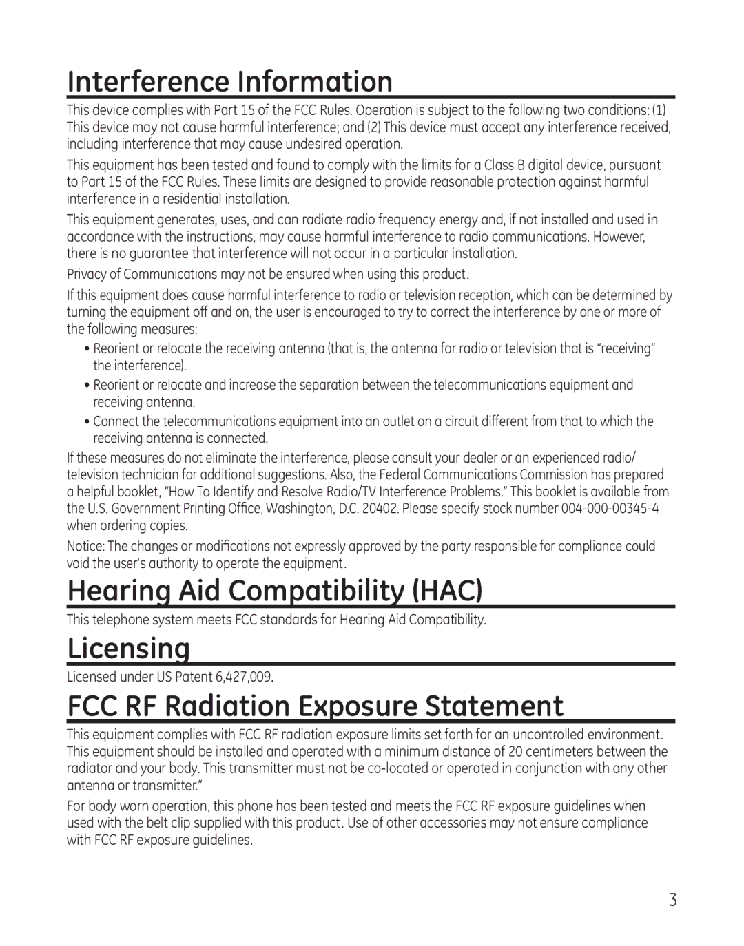 GE 25982 manual Interference Information, Hearing Aid Compatibility HAC, Licensing, FCC RF Radiation Exposure Statement 