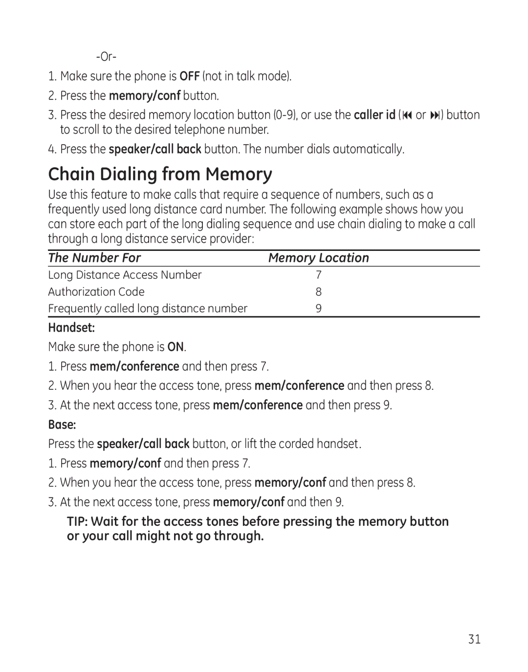 GE 25982 manual Chain Dialing from Memory, Number For 