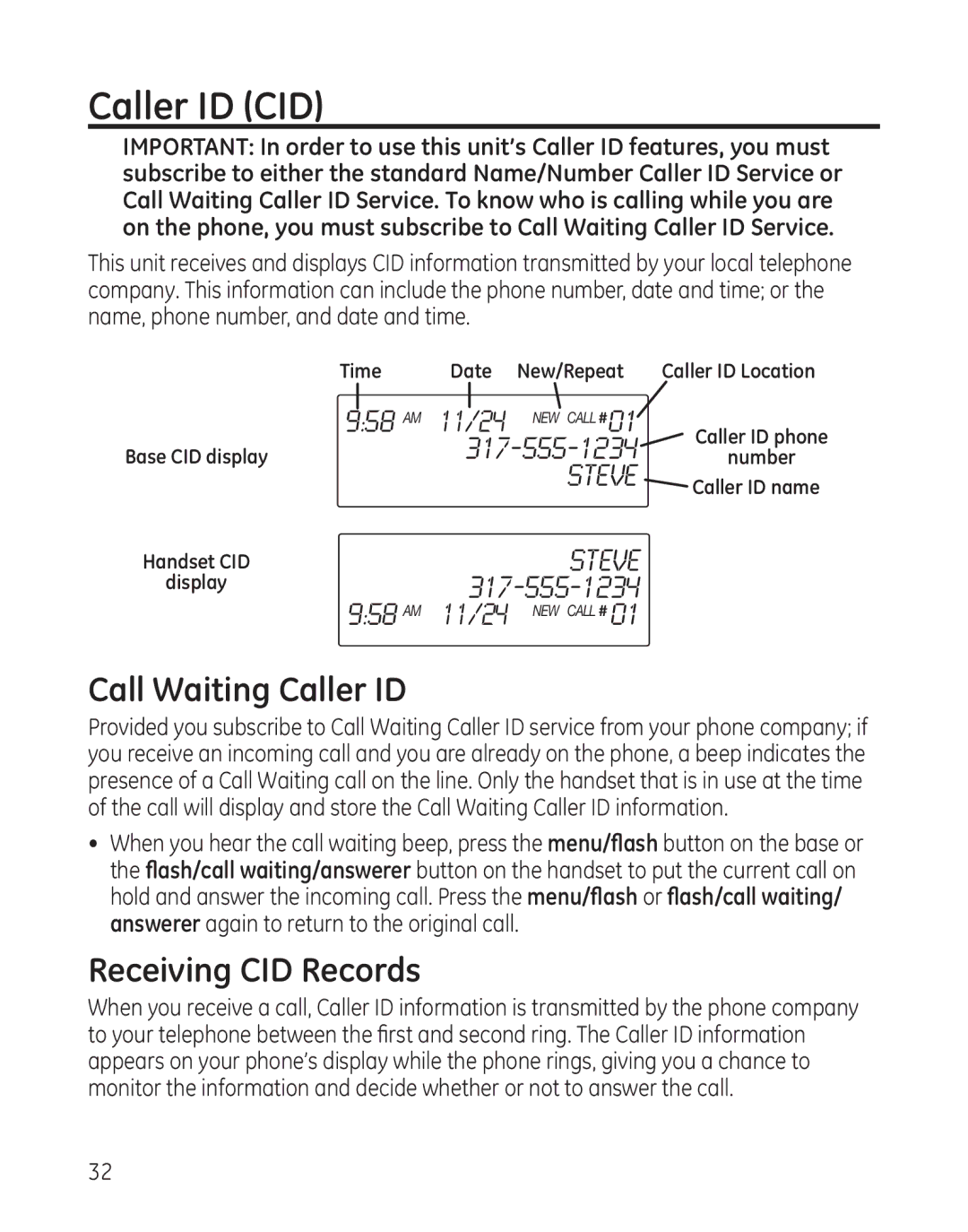 GE 25982 manual Caller ID CID, Call Waiting Caller ID, Receiving CID Records 