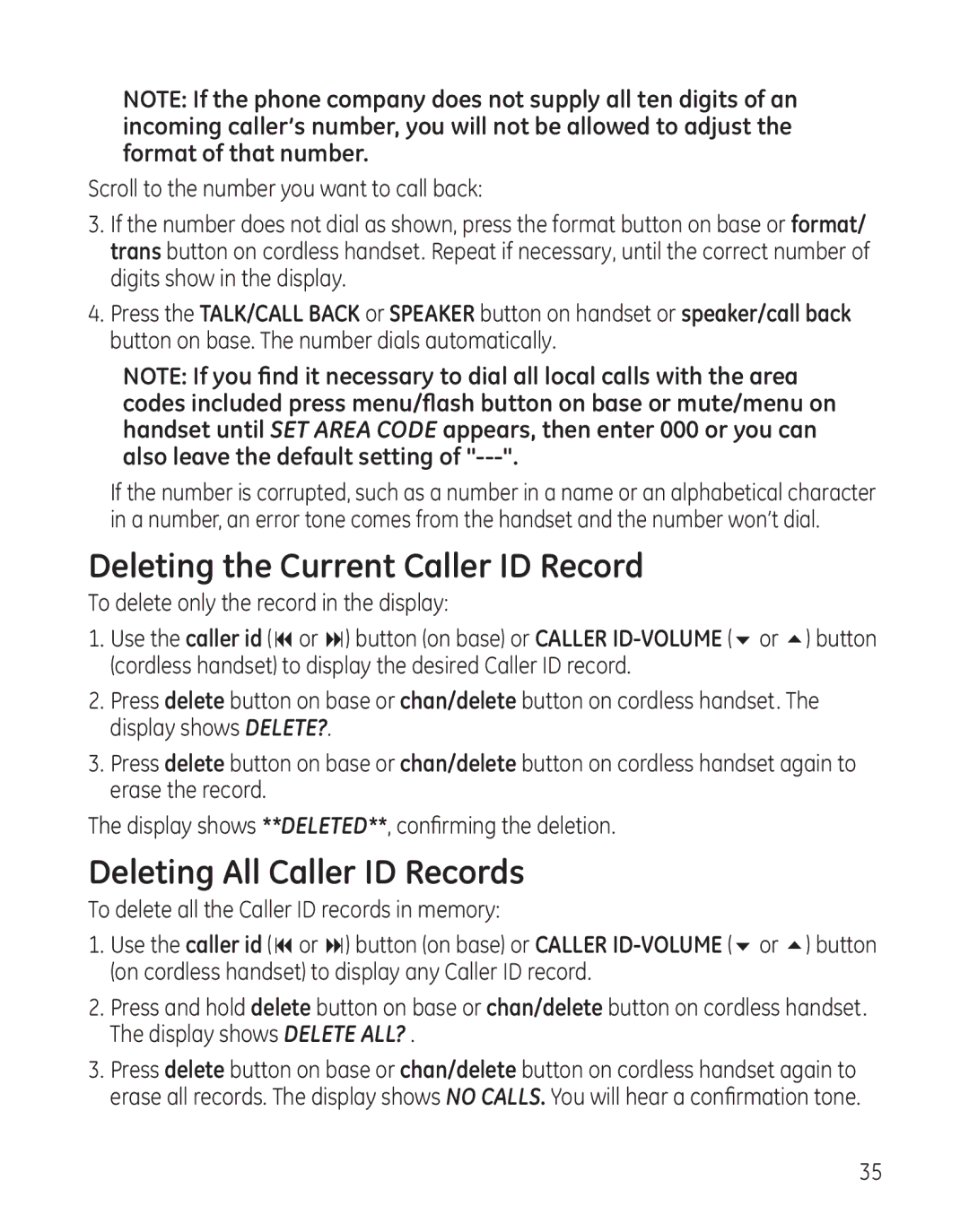 GE 25982 manual Deleting the Current Caller ID Record, Deleting All Caller ID Records 