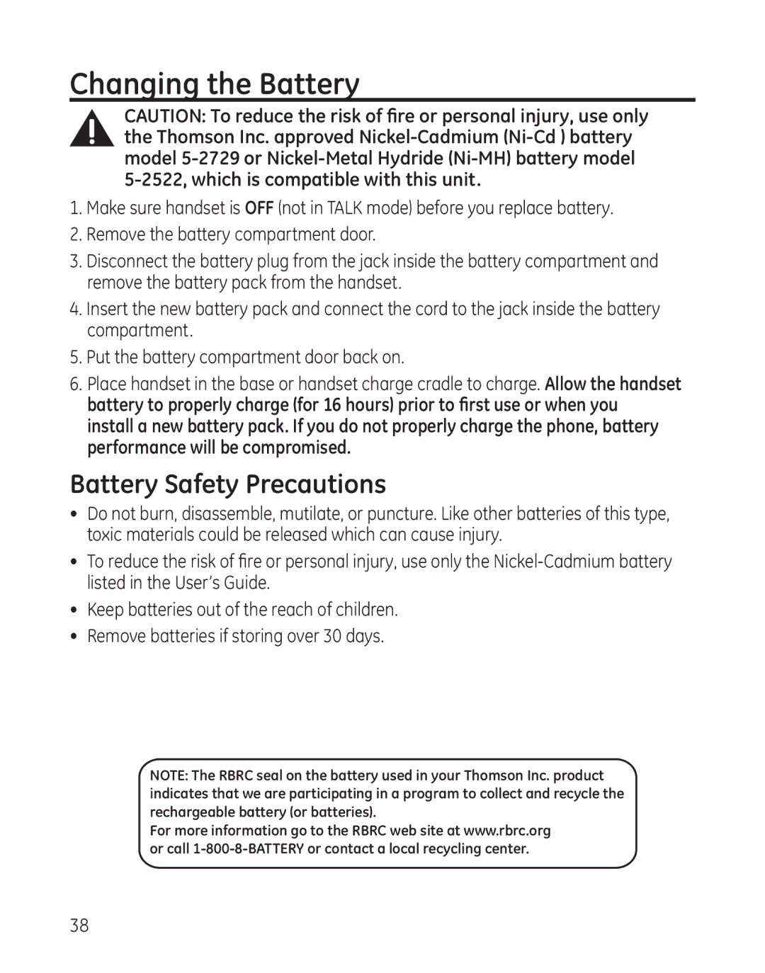 GE 25982 manual Changing the Battery, Battery Safety Precautions 