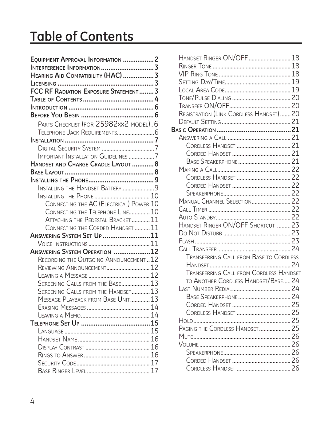 GE 25982 manual Table of Contents 