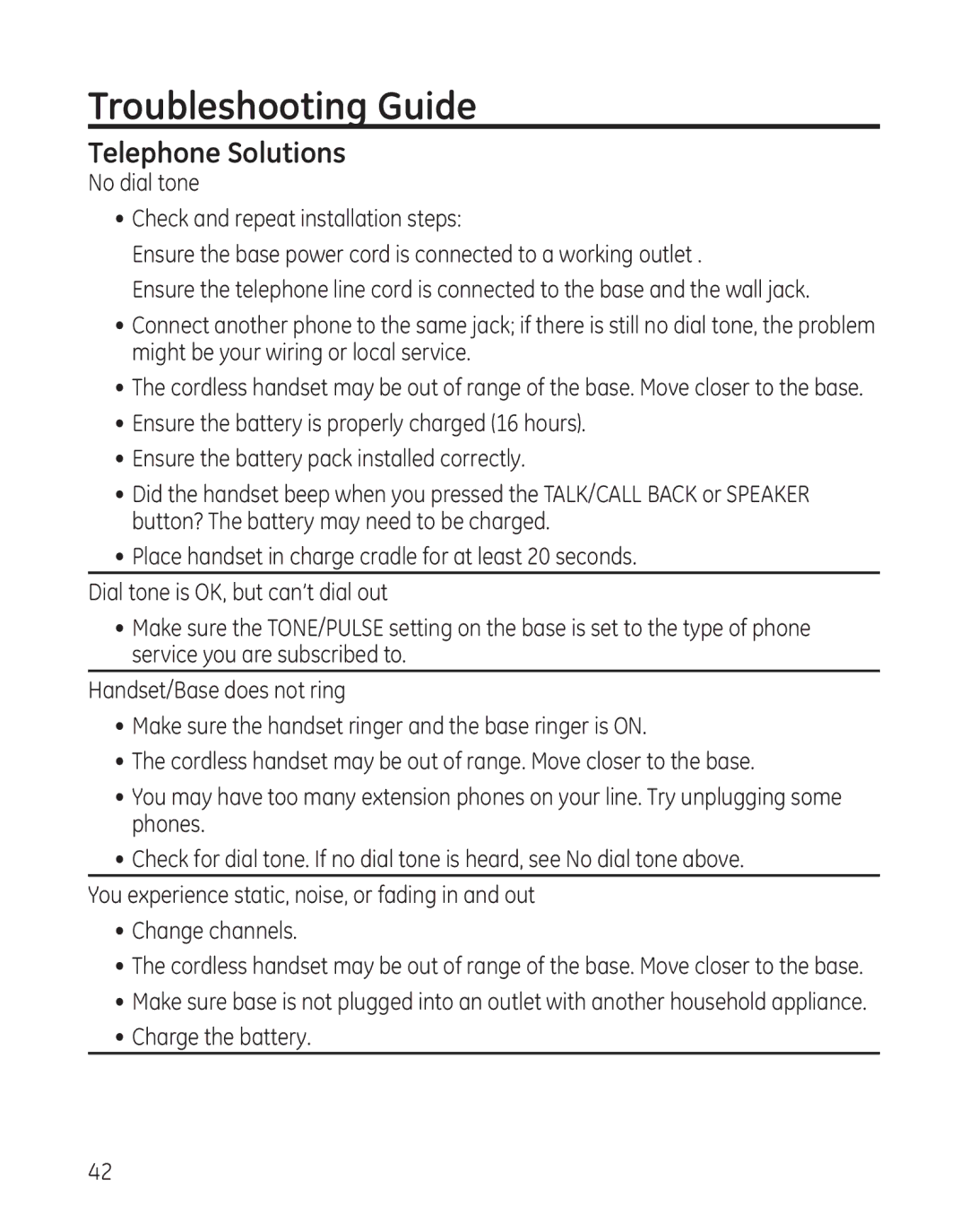 GE 25982 manual Troubleshooting Guide, Telephone Solutions 