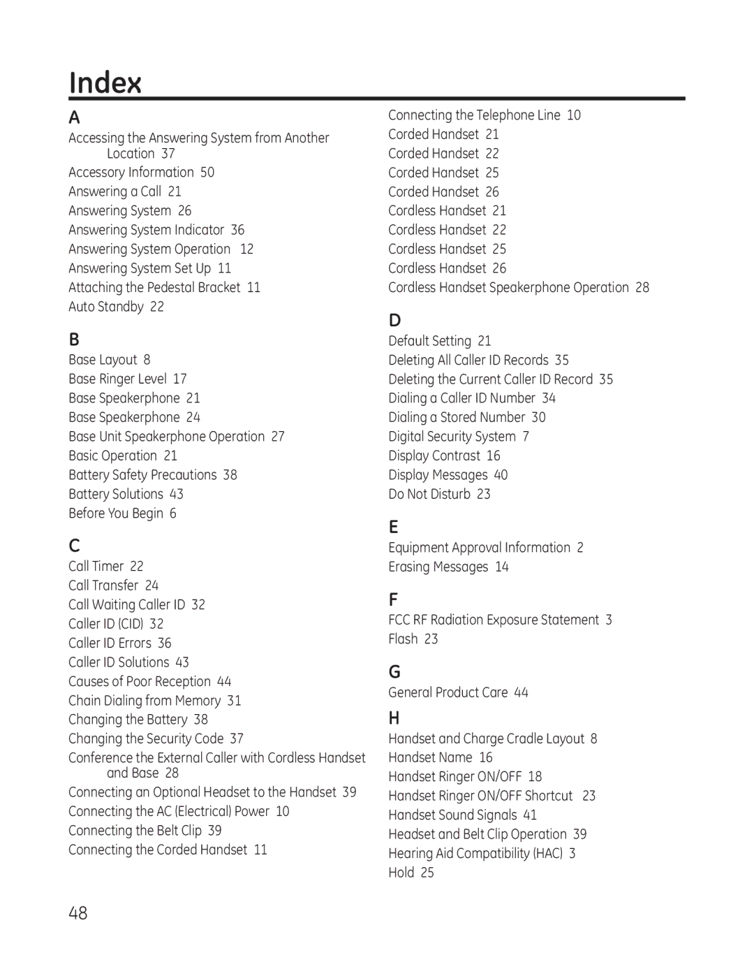 GE 25982 manual Index, Accessing the Answering System from Another Location 