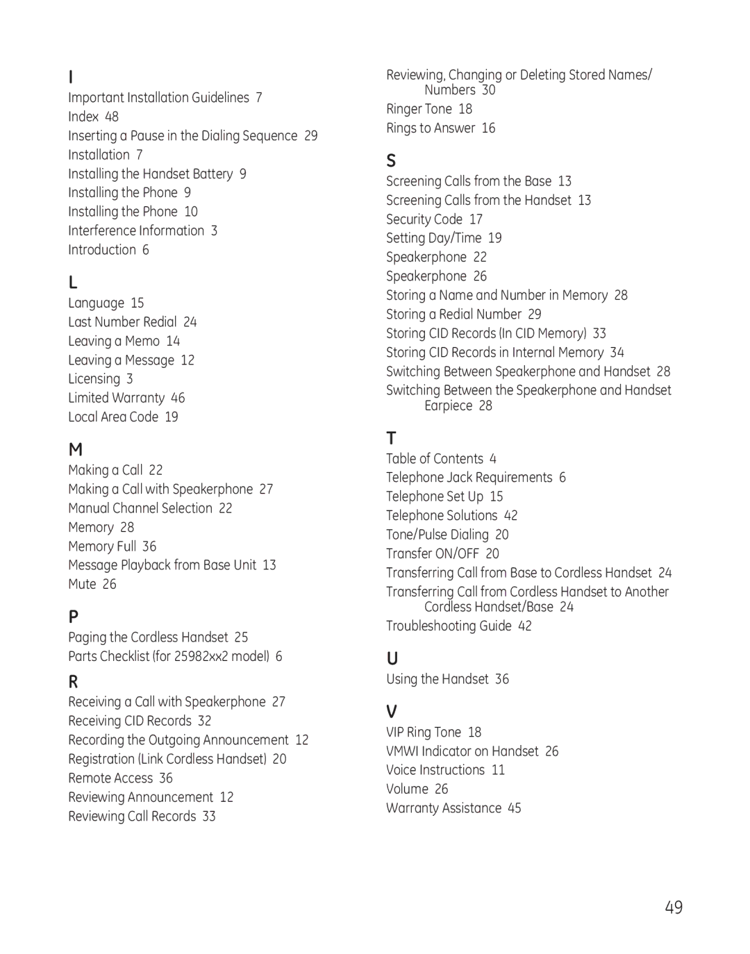 GE 25982 manual Reviewing, Changing or Deleting Stored Names/ Numbers 