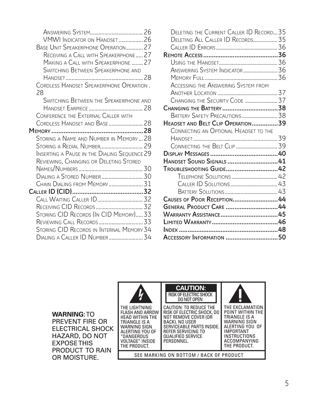 GE 25982 Changing the Battery, Display Messages, Handset Sound Signals, Troubleshooting Guide, Causes of Poor Reception 