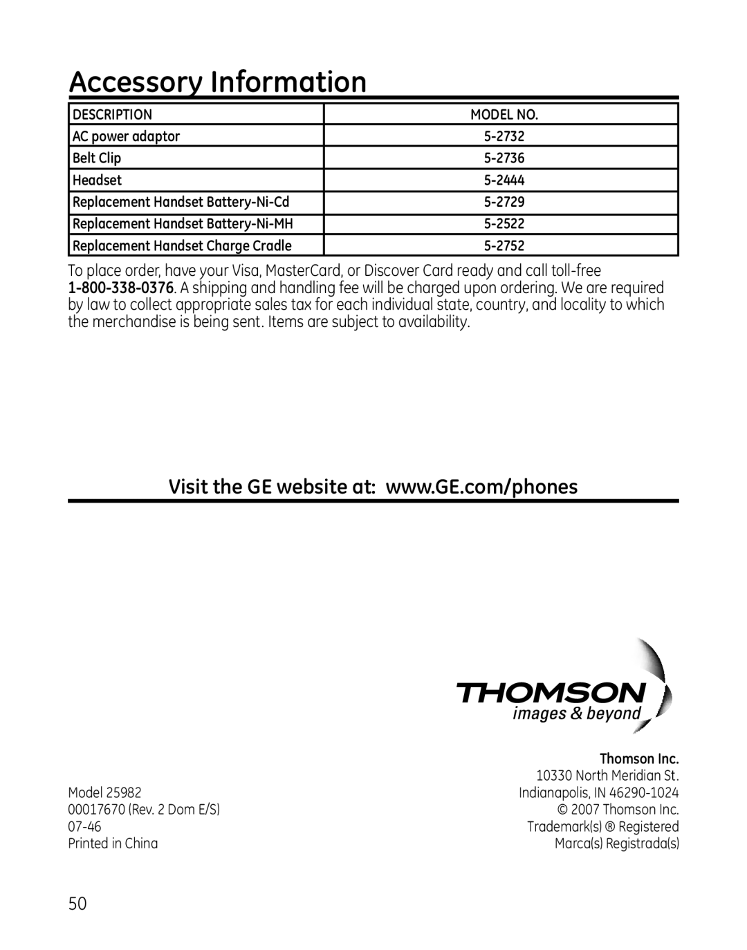 GE 25982 manual Accessory Information, Description Model no 