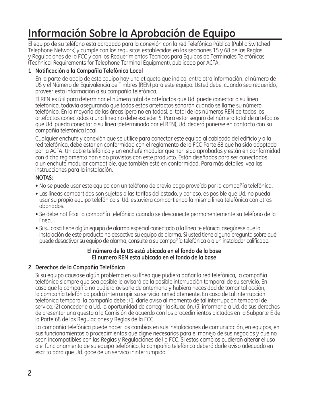 GE 25982 manual Información Sobre la Aprobación de Equipo, Notificación a la Compañía Telefónica Local 