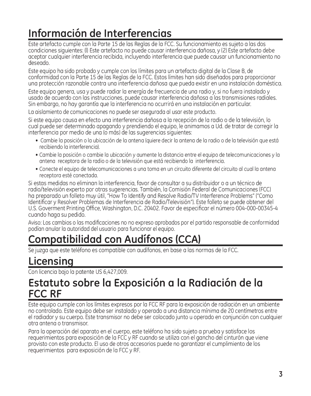 GE 25982 manual Información de Interferencias, Compatibilidad con Audífonos CCA, Licensing 