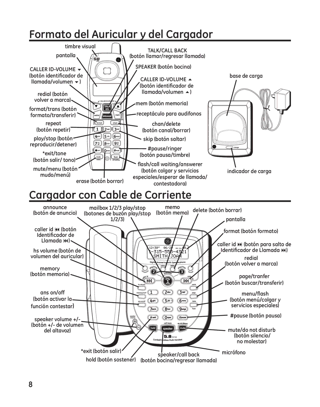 GE 25982 manual Formato del Auricular y del Cargador, Cargador con Cable de Corriente 