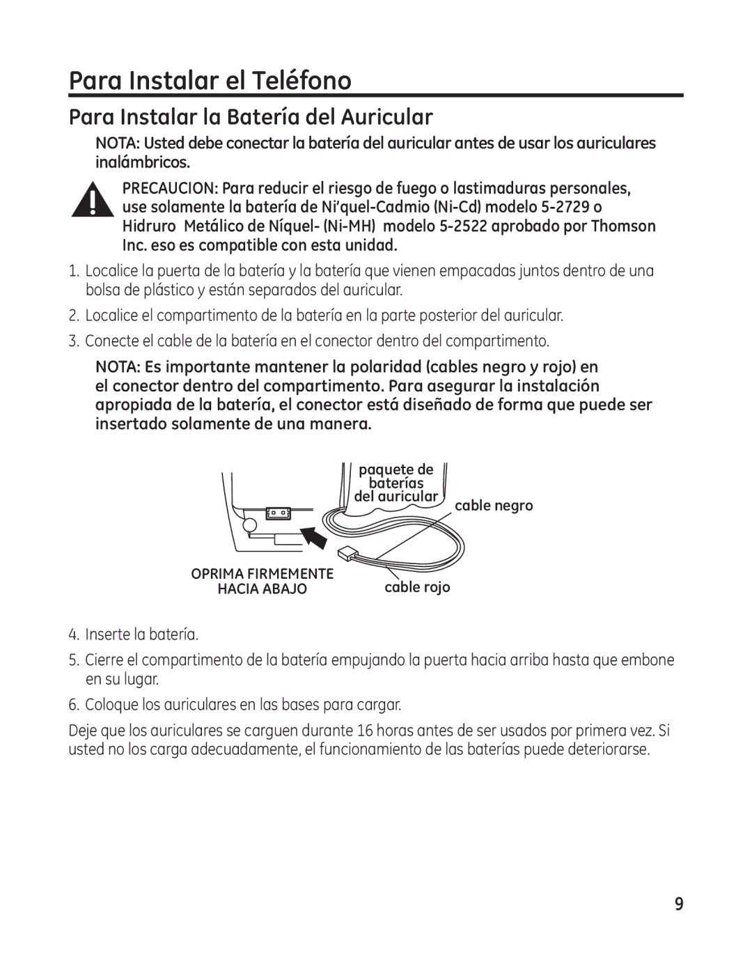 GE 25982 manual Para Instalar el Teléfono, Para Instalar la Batería del Auricular 