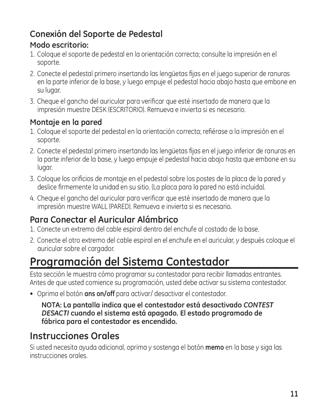 GE 25982 manual Programación del Sistema Contestador, Instrucciones Orales, Conexión del Soporte de Pedestal 