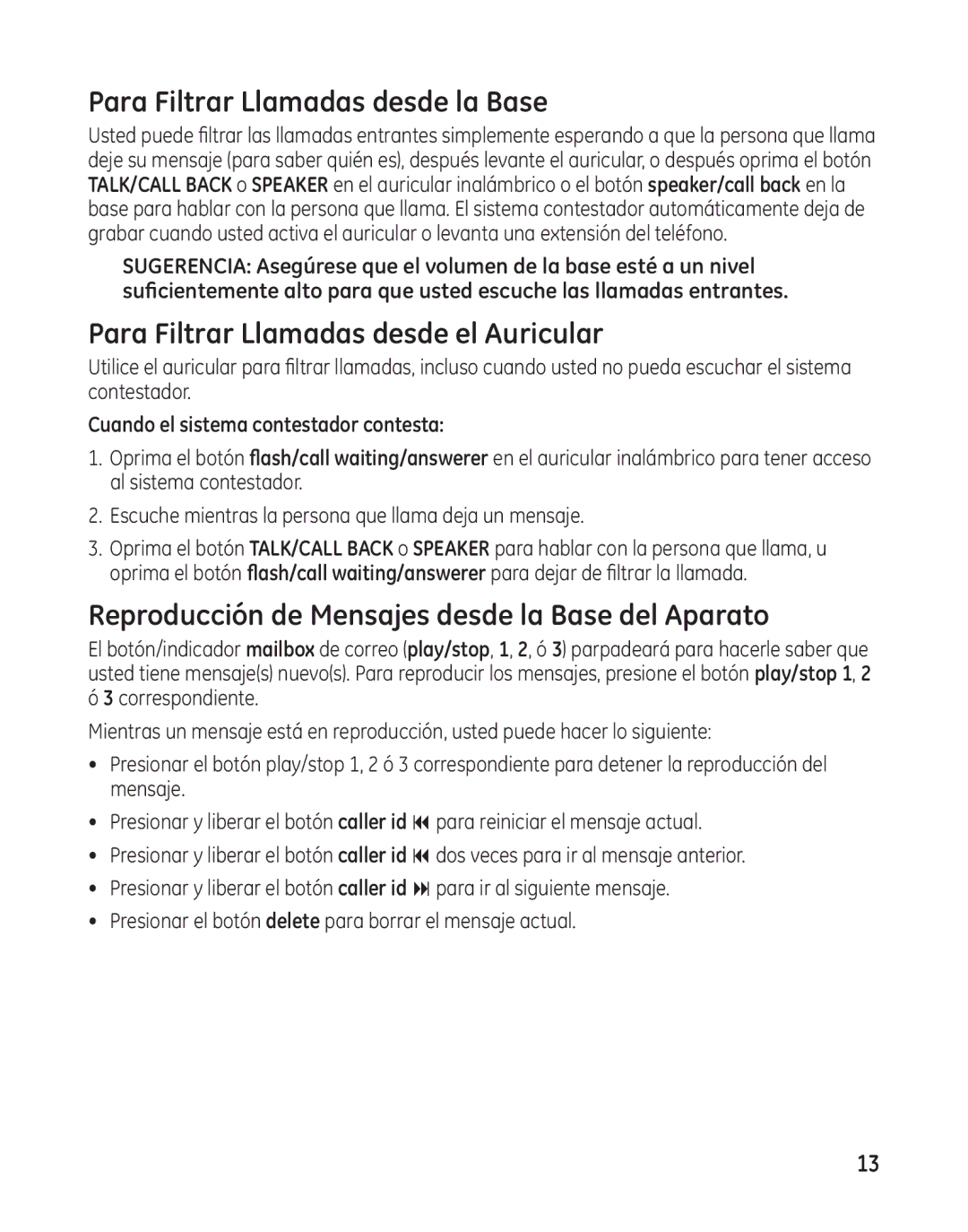 GE 25982 manual Para Filtrar Llamadas desde la Base, Para Filtrar Llamadas desde el Auricular 