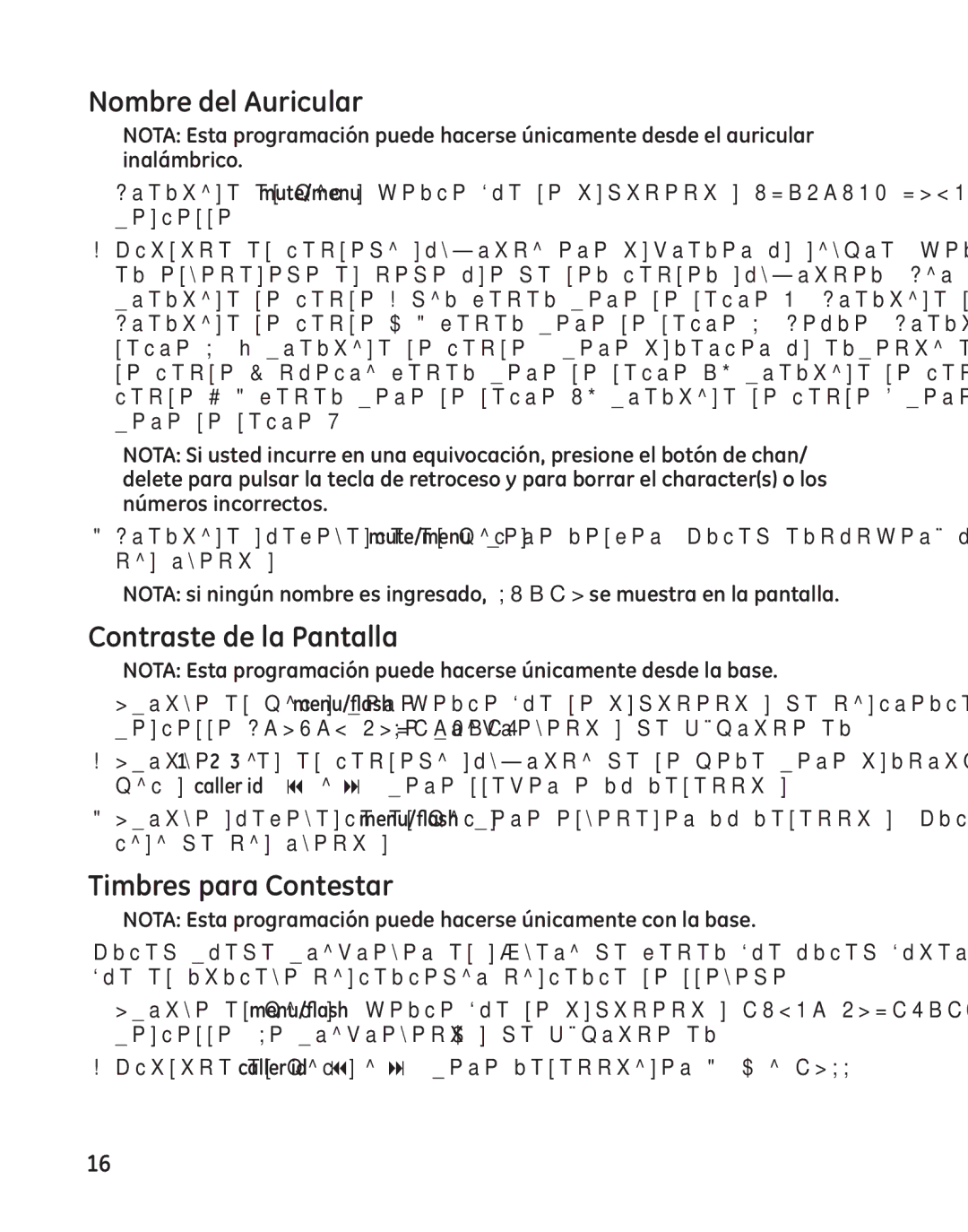 GE 25982 manual Nombre del Auricular, Contraste de la Pantalla, Timbres para Contestar 