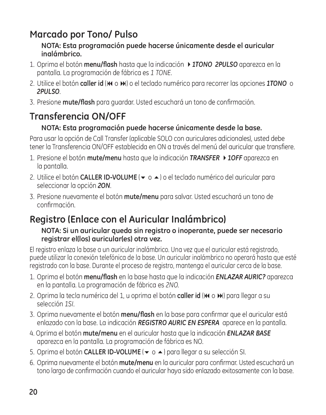 GE 25982 manual Marcado por Tono/ Pulso, Transferencia ON/OFF, Registro Enlace con el Auricular Inalámbrico 